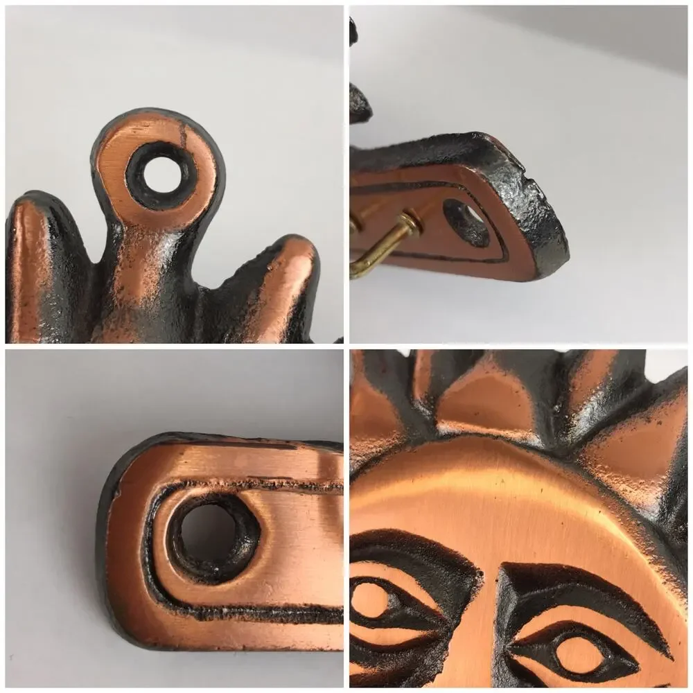 Celestial Sun Face 5 Hook Key Rack Vintage 90s Copper Toned Southwest Wall Decor